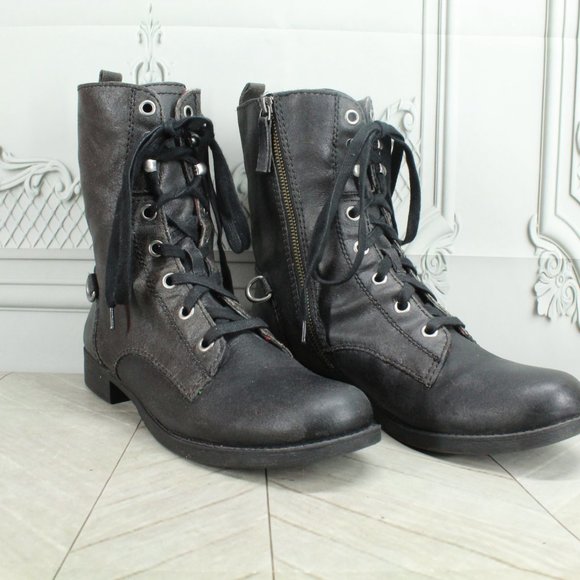 Nine West Black Leather Plaid Lined Lace up Side Zipper Ankle boots Size 10.5 M - Picture 3 of 9
